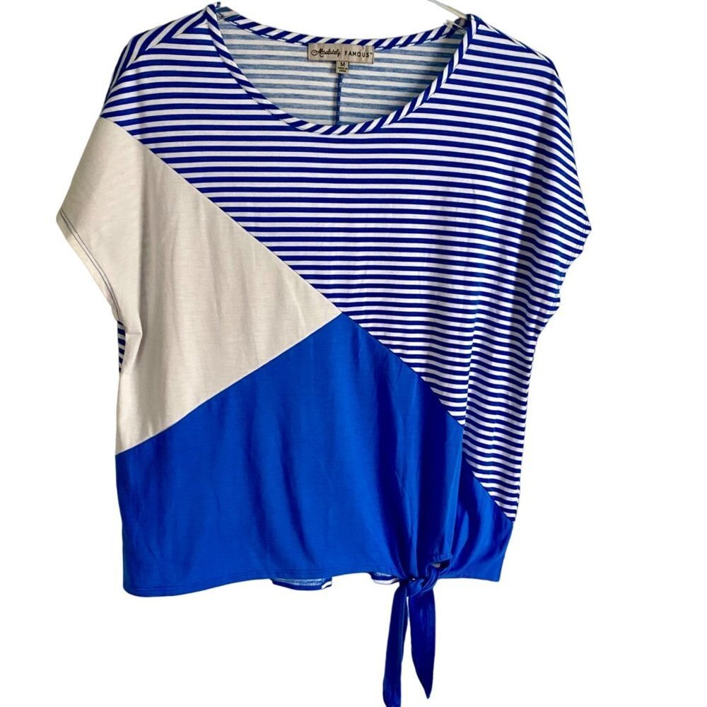 Absolutely Famous Short Sleeve Blue White Top with Front Tie Women's Medium